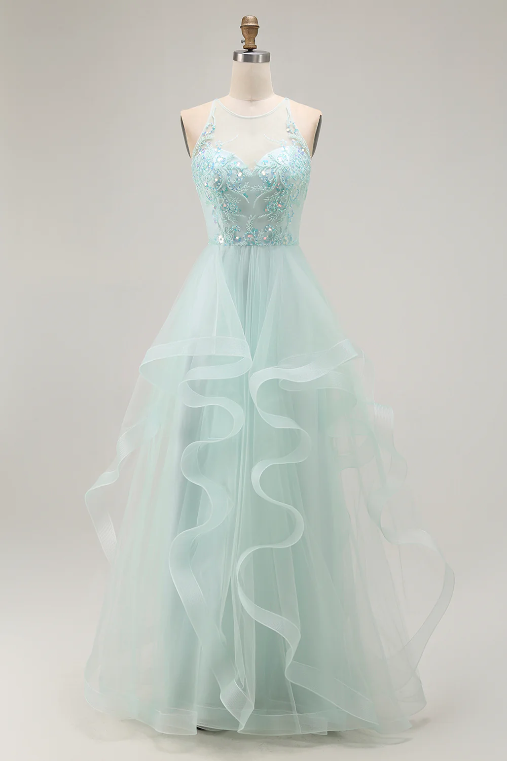 Sparkly Light Green A Line Ruffled Long Prom Dress with Beading - VNBITS
