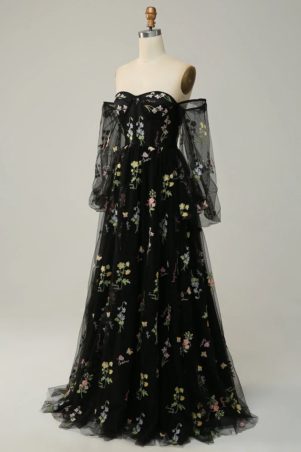 Black Off Shoulder Floral Long Prom Dress - VNBITS
