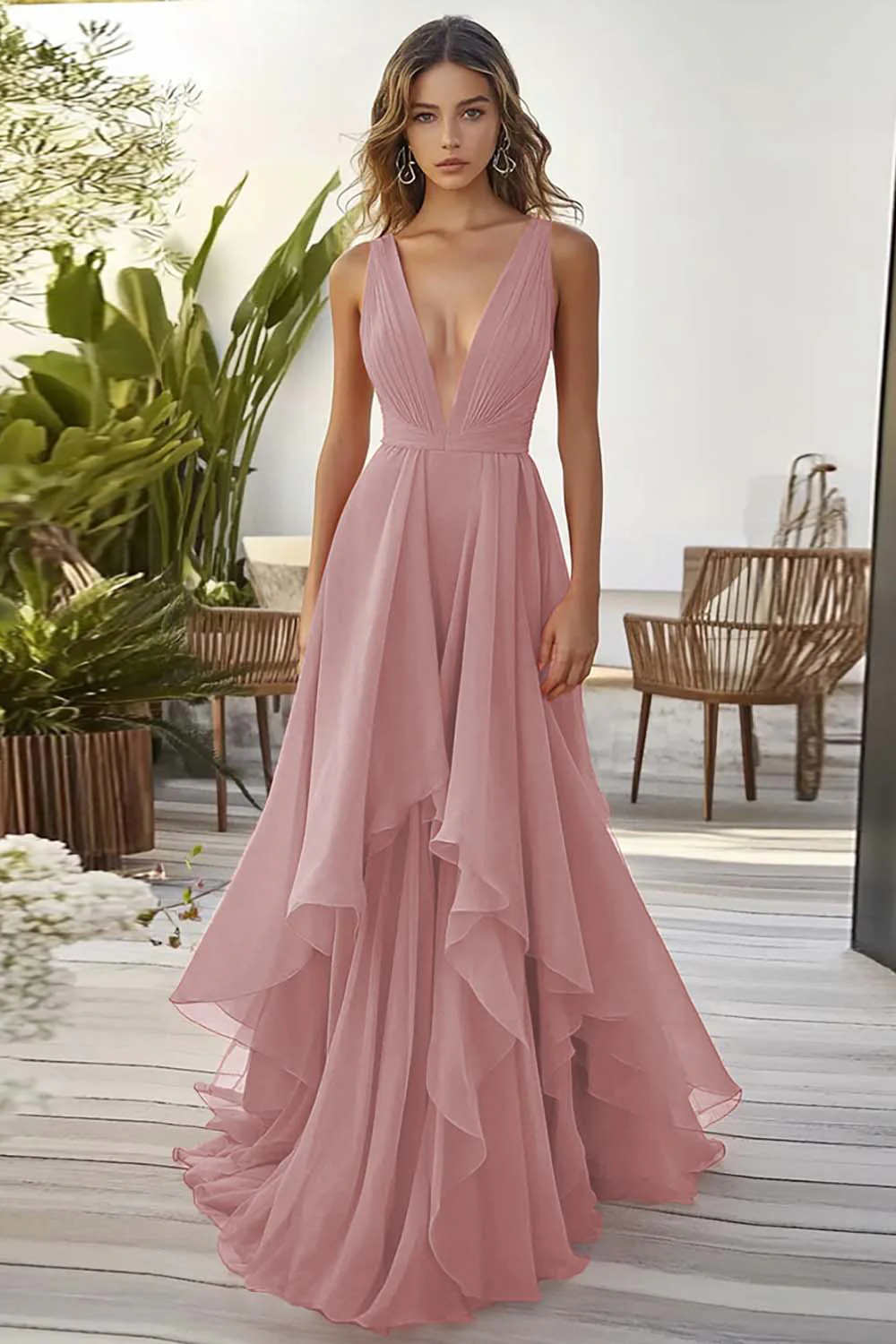 Dusty Blue Chiffon Deep V-Neck A Line Long Wedding Guest Dress with Ruffles - VNBITS