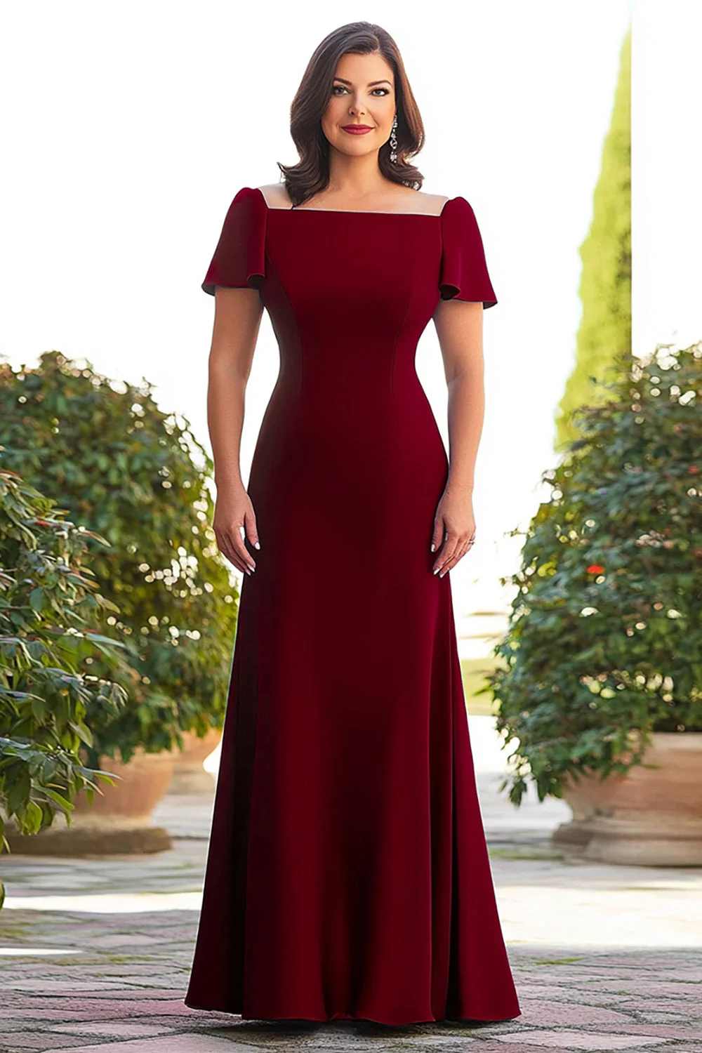Plus Size Burgundy A Line Long Mother of the Bride Dress with Short Sleeves - VNBITS