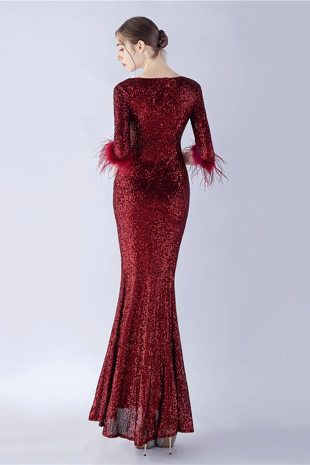 Navy Sequin V-neck Half Sleeves Sheath Formal Dress with Feather - VNBITS