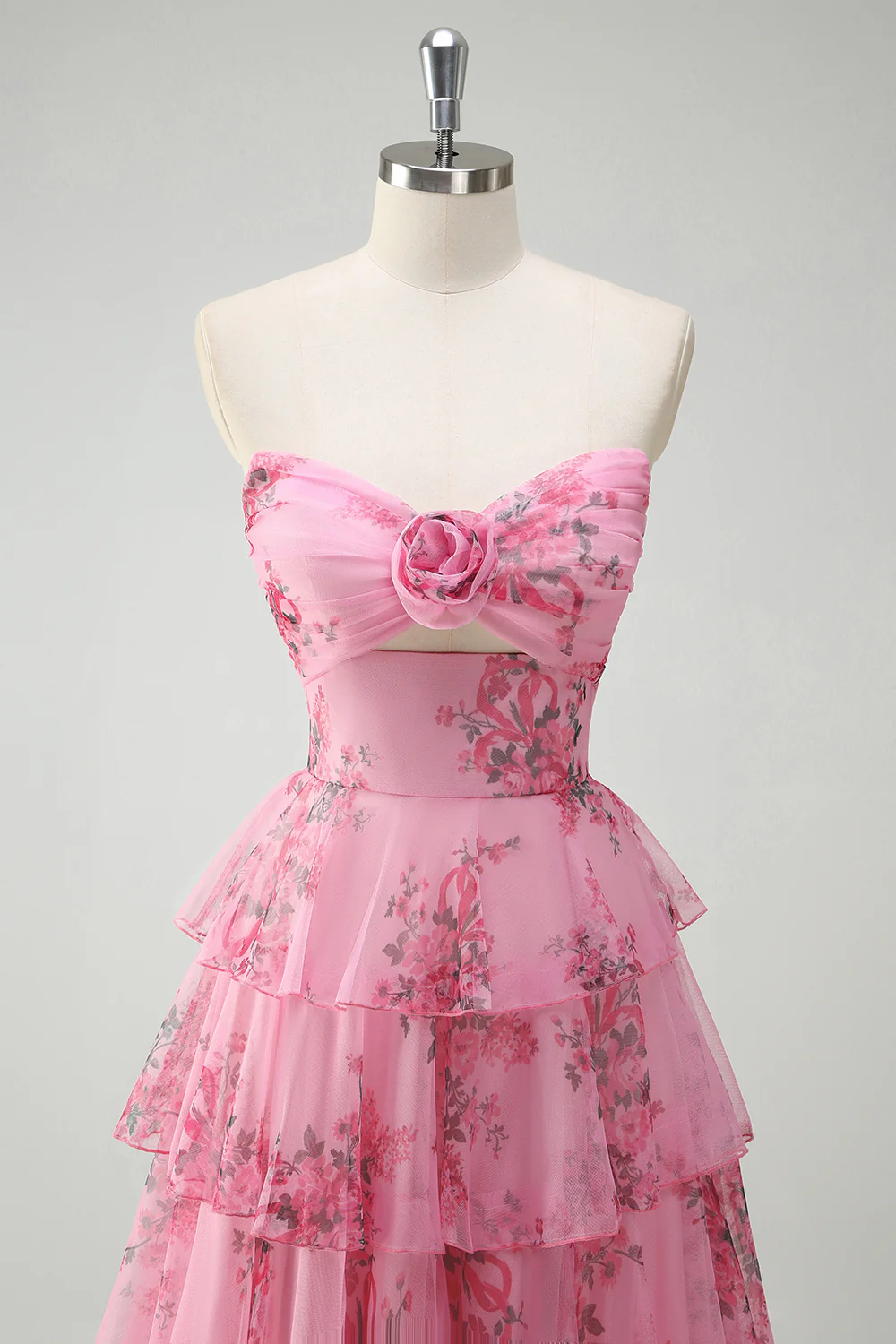 Blush Floral Chiffon A Line Prom Dress with Slit - VNBITS