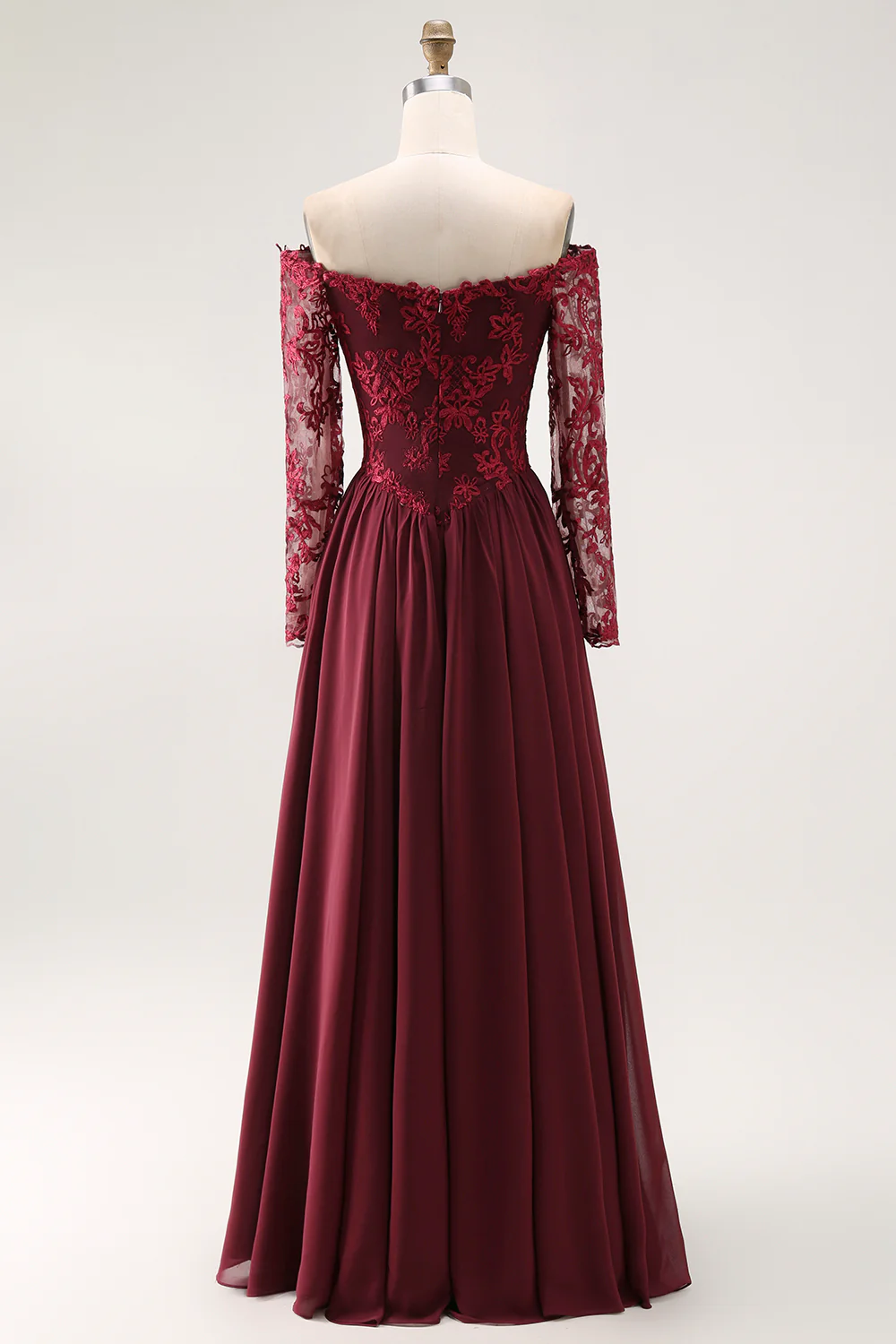Cabernet Chiffon A Line Long Mother of the Bride Dress with Lace - VNBITS