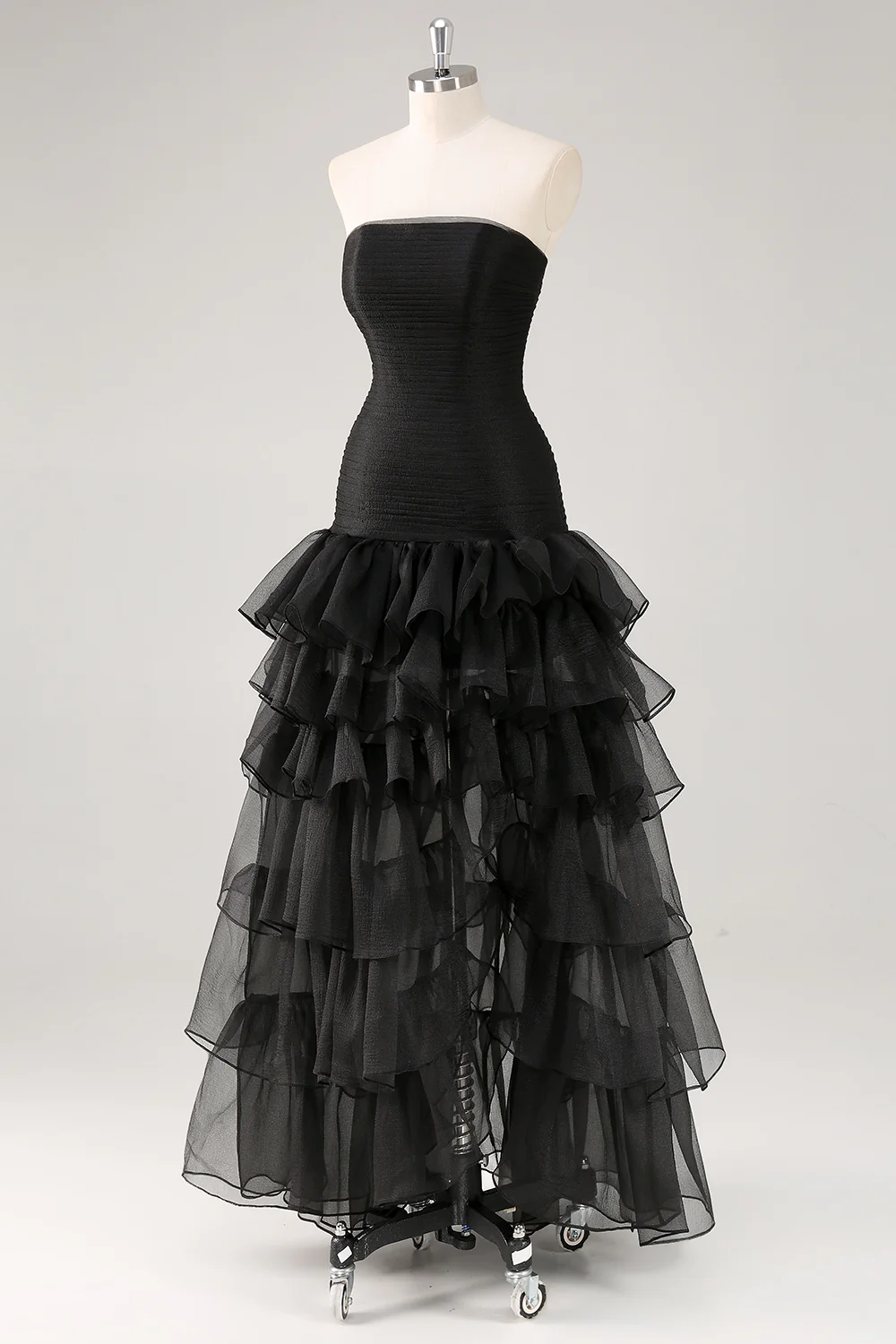 A Line Black Strapless Tiered Formal Dress with Slit - VNBITS