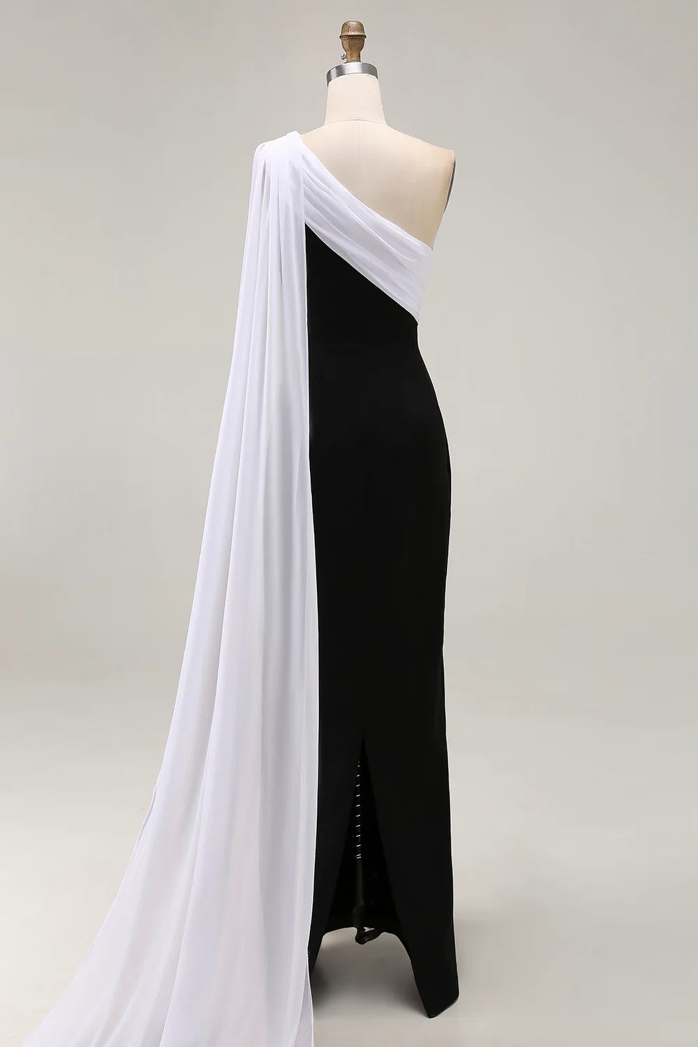 Black White Sheath One Shoulder Long Satin Formal Dress with Side Cape - VNBITS