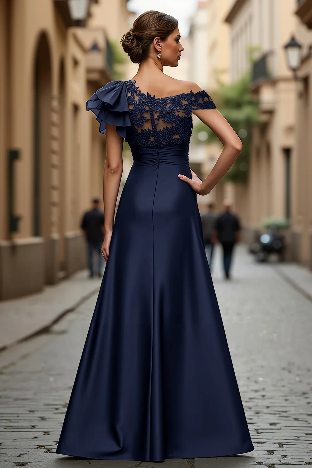 Black Chiffon Ruffled One Shoulder Long Mother of the Bride Dress with Lace - VNBITS