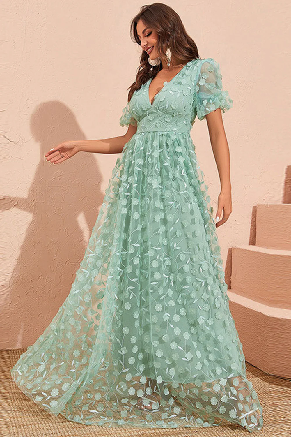 Green A Line Puff Sleeves Prom Dress with Appliques - VNBITS