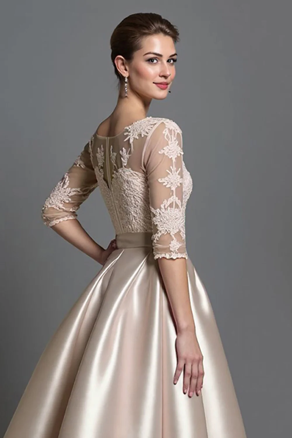 Apricot Satin A Line Long Mother of the Bride Dress with Lace - VNBITS