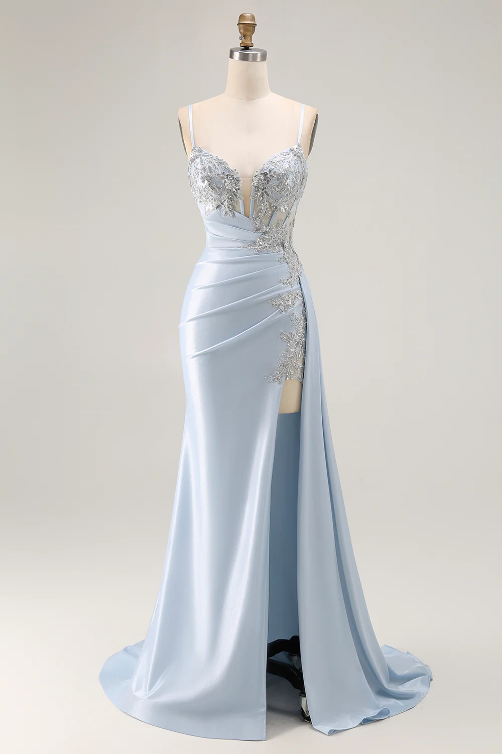 Sparkly Light Blue Mermaid Corset Ruched Long Prom Dress with Slit - VNBITS