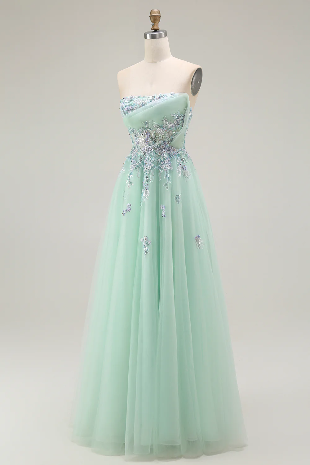 Green Strapless A Line Floral Long Prom Dress with Appliques - VNBITS