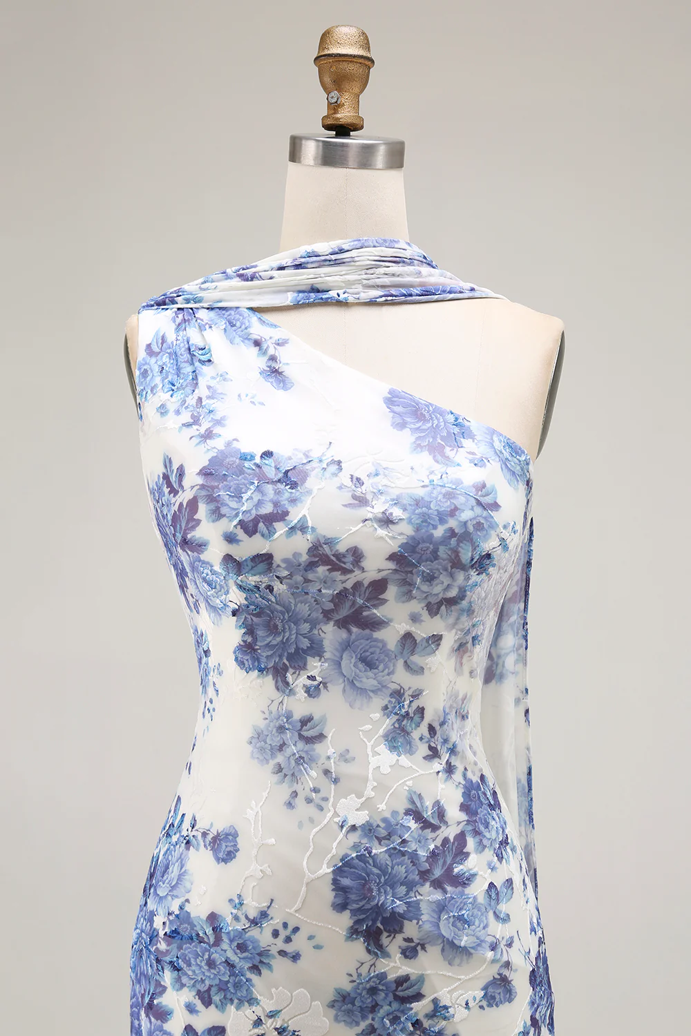 Blue Floral Neck Scarf Sheath Long Bridesmaid Dress - VNBITS