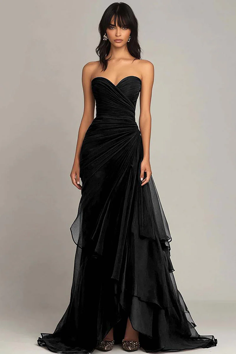 Black Sweetheart Ruched Ruffled Long Formal Dress - VNBITS