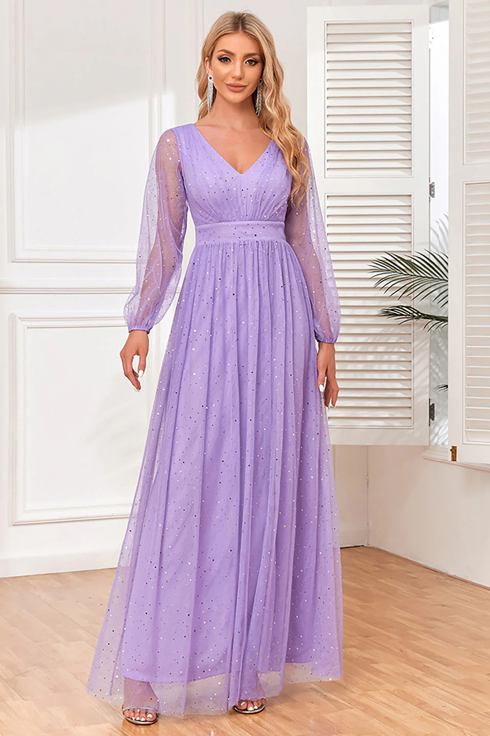 A-Line Long Sleeves Lilac Holiday Party Dress with Slit - VNBITS