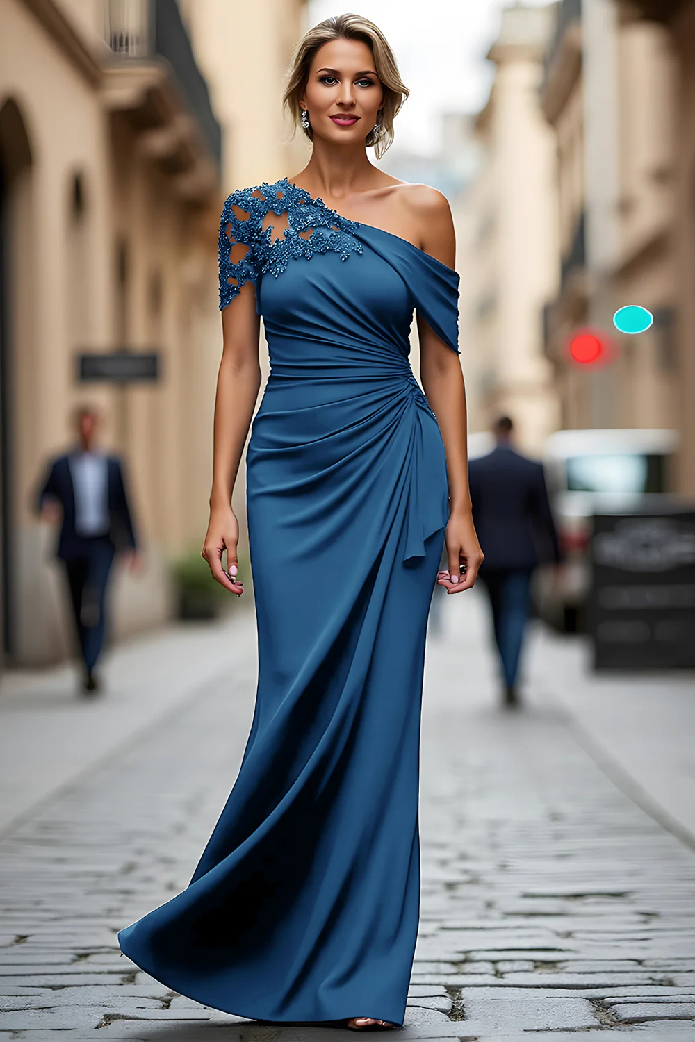 Black One Shoulder Sheath Long Mother of the Bride Dress with Appliques - VNBITS