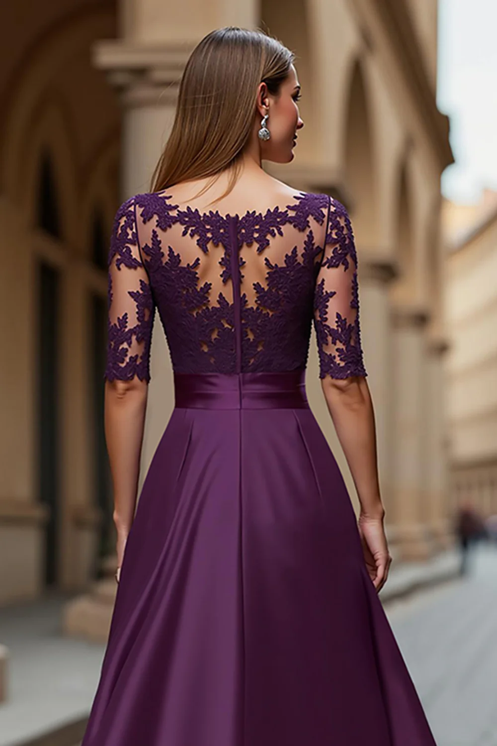 Grape Satin Illusion Boat Neck Long Mother of the Bride Dress with Lace - VNBITS
