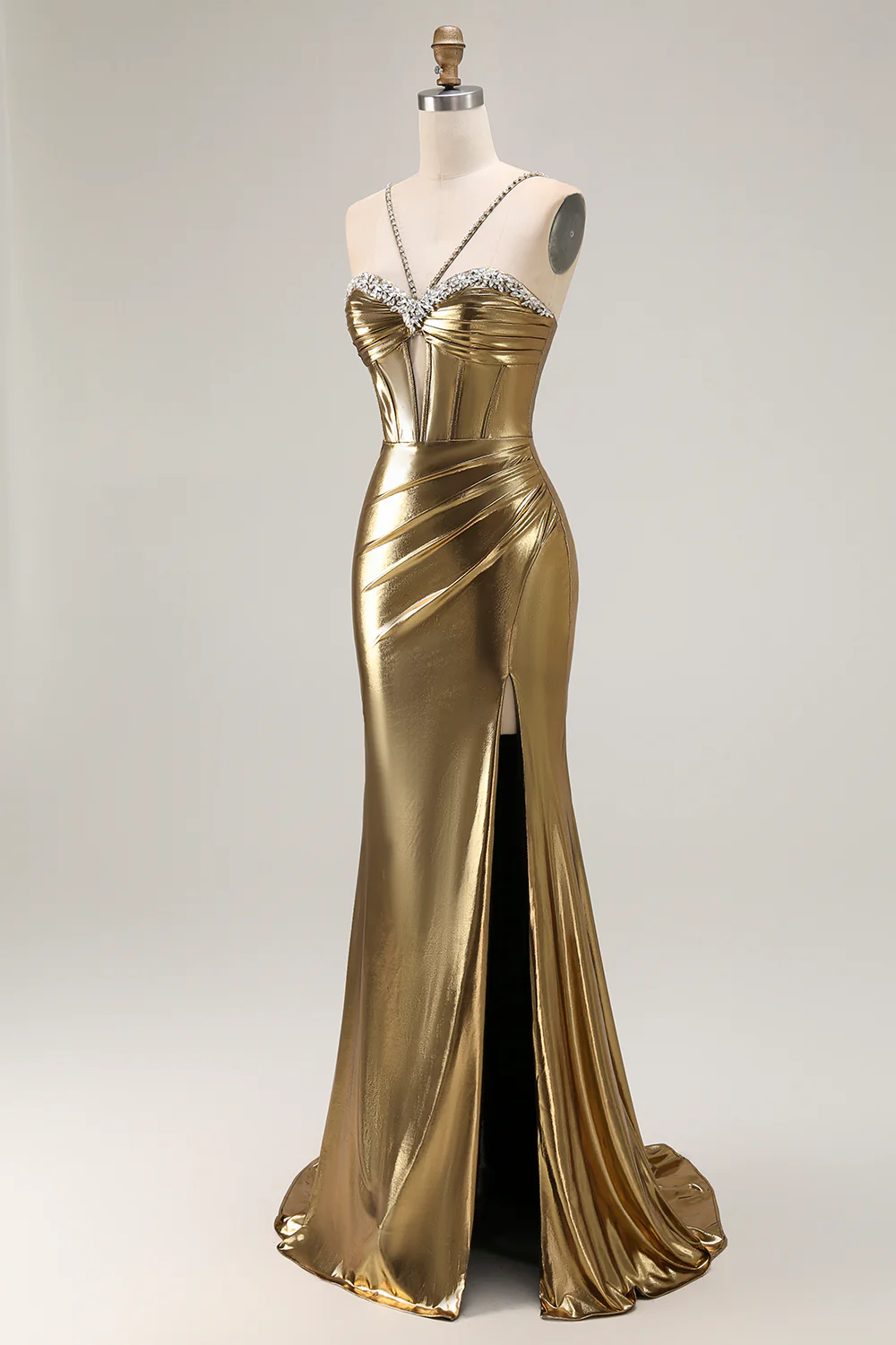 Sparkly Golden Metallic Corset Mermaid Long Prom Dress with Slit - VNBITS