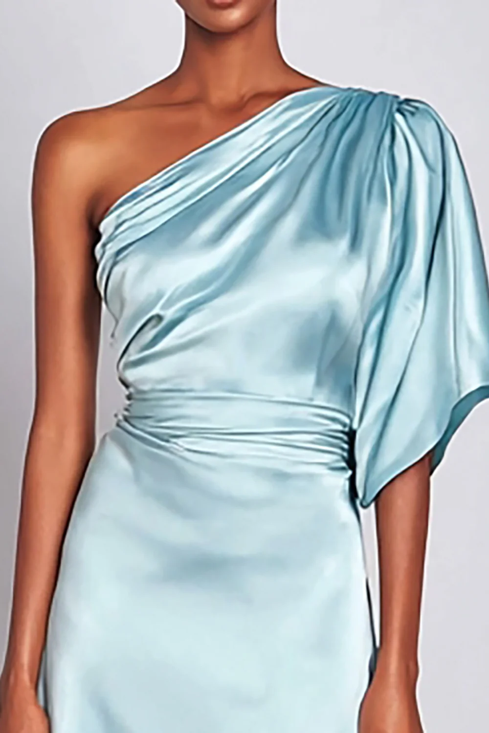 Light Blue One Shoulder Satin Mermaid Long Formal Dress with Sleeves - VNBITS