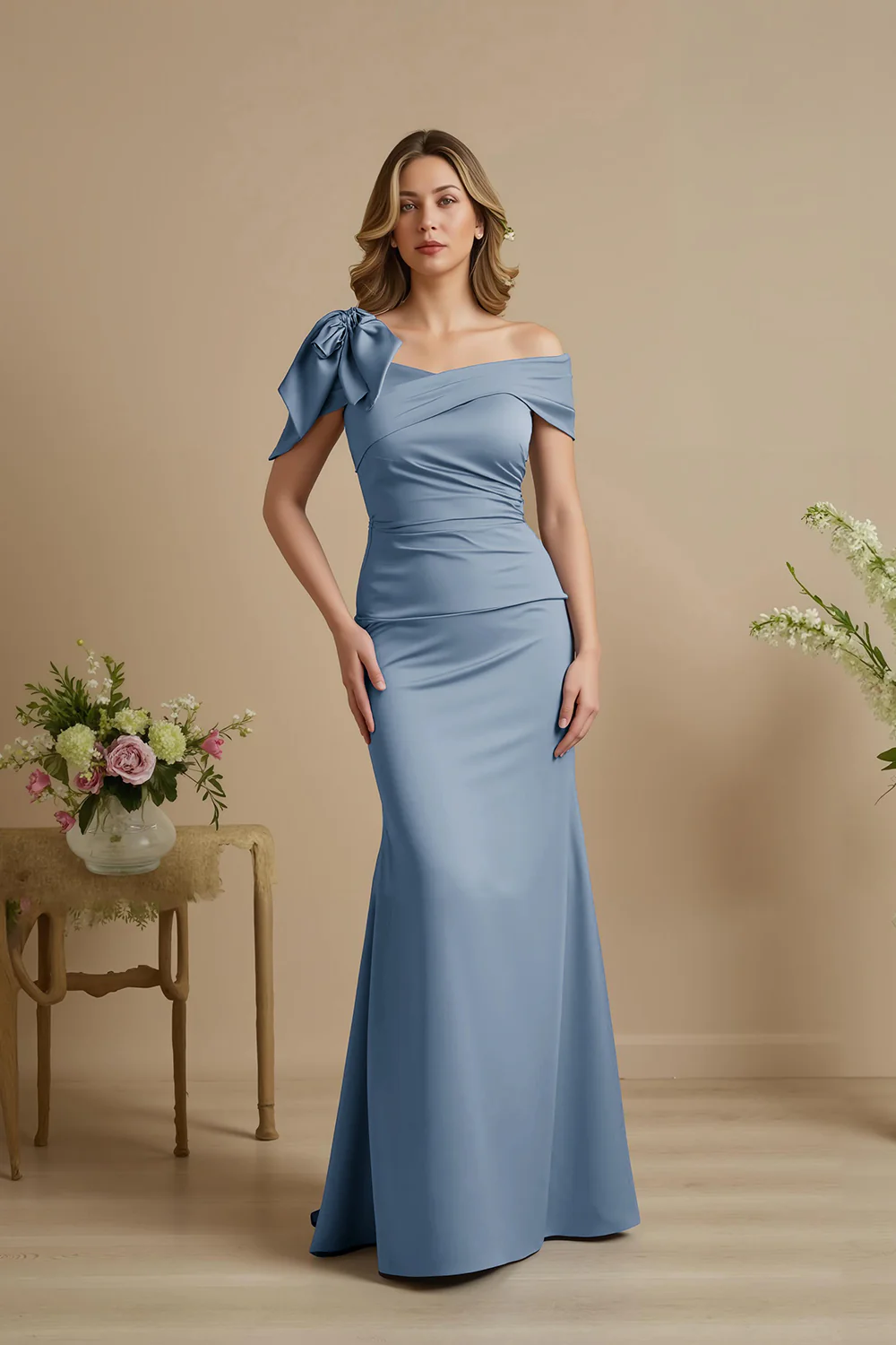 Dusty Blue Satin Mermaid Ruched Long Mother of the Bride Dress with Bow - VNBITS