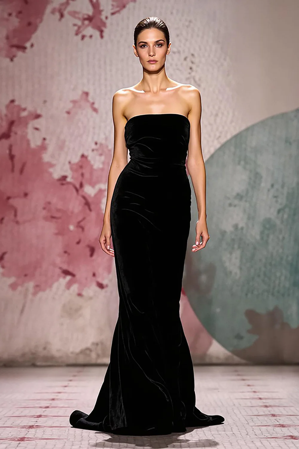 Simple Black Velvet Strapless Mermaid Long Evening Dress - VNBITS