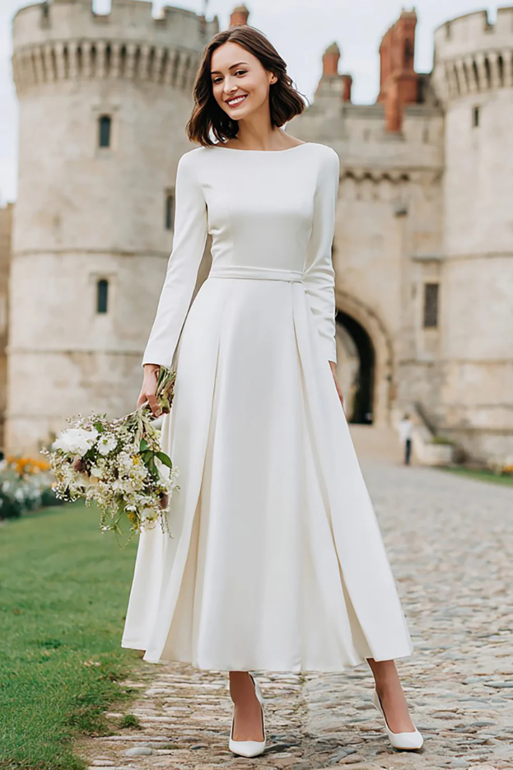 Ivory Boat Neck A Line Long Engagement Dress with Sleeves - VNBITS