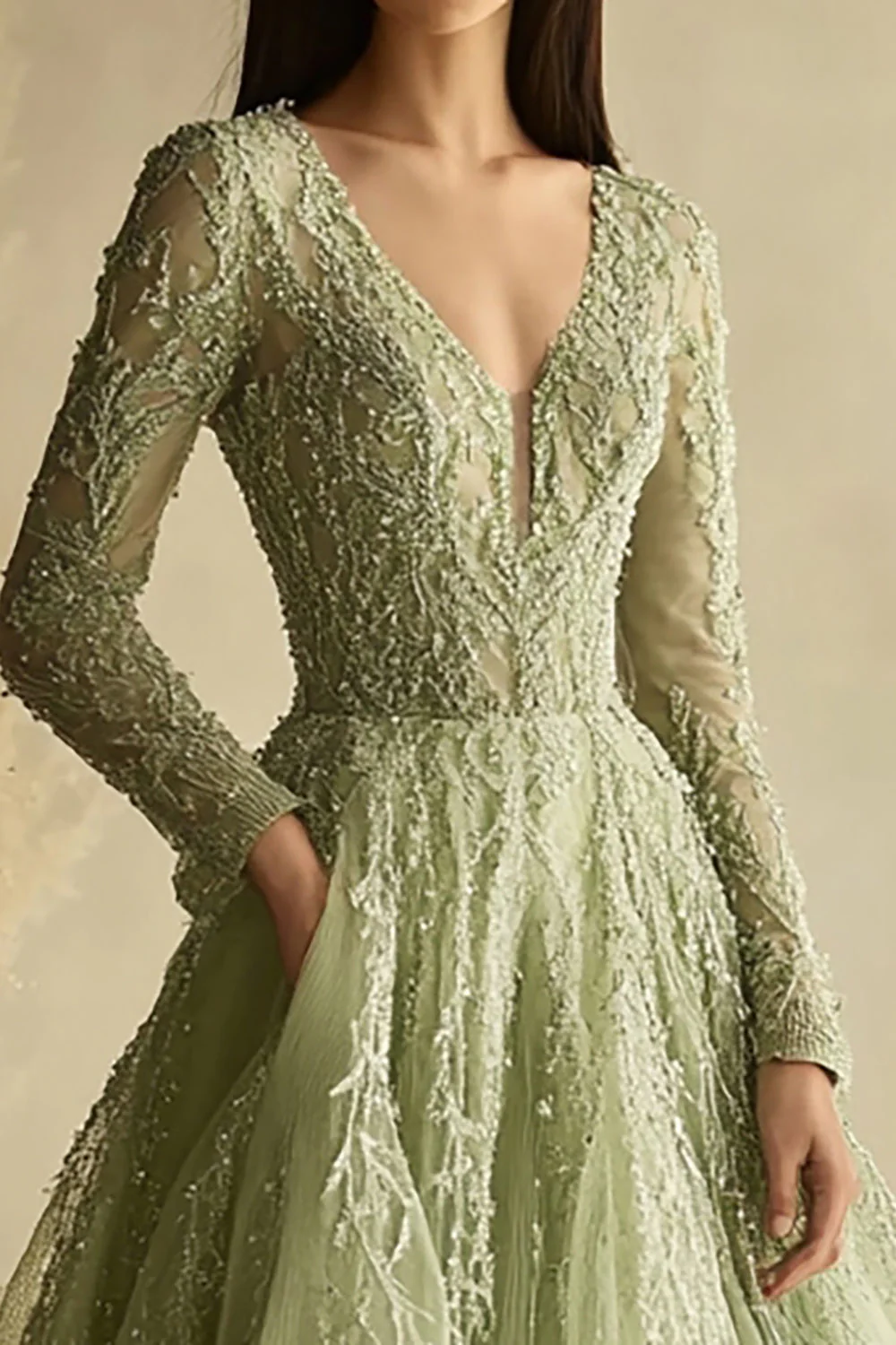 Dusty Sage A Line Long Sleeve V-Neck Tulle Prom Dress - VNBITS