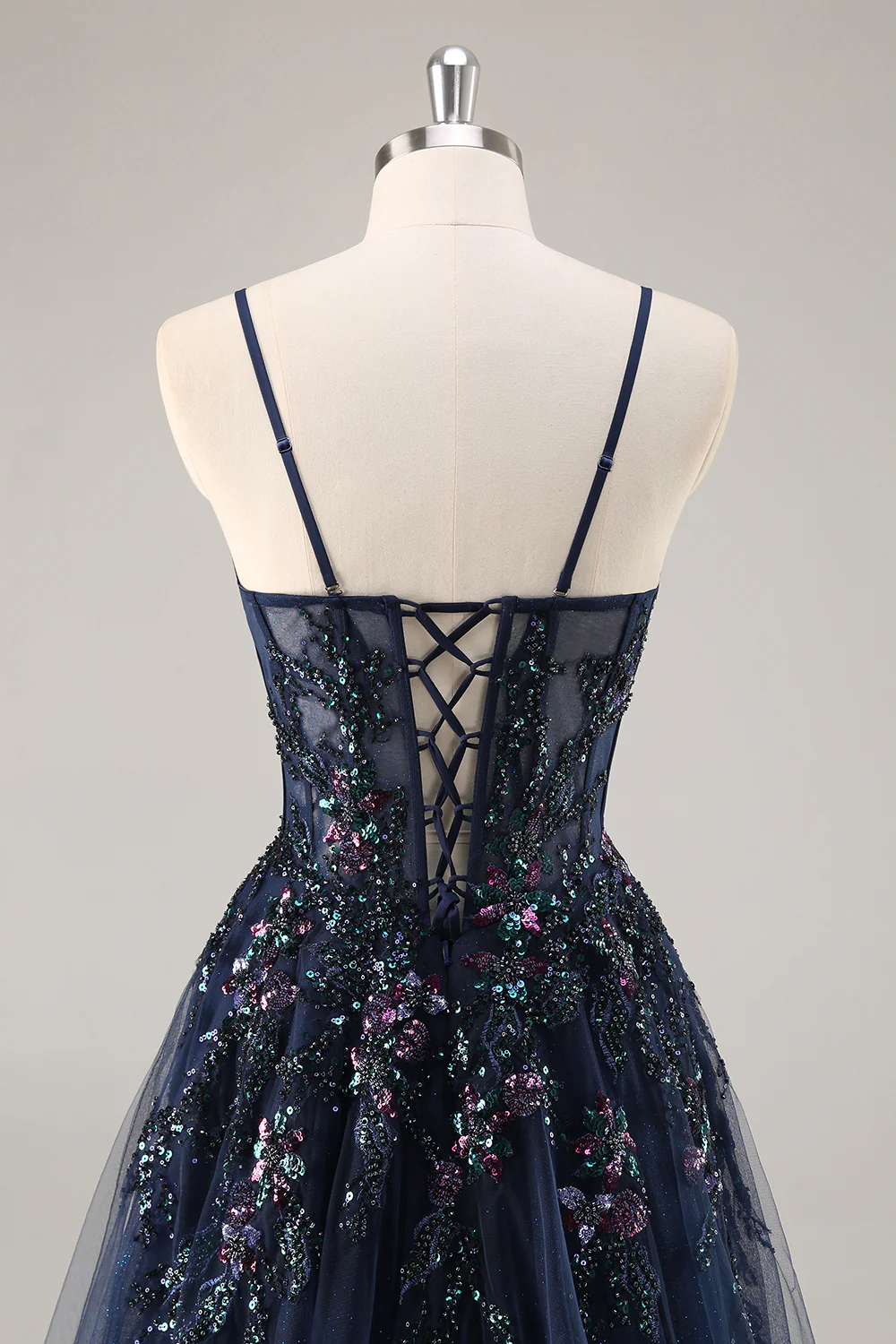 Sparkly Navy Corset Sweetheart Long Prom Dress with Appliques - VNBITS