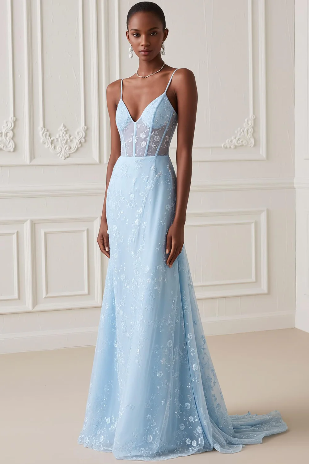 Light Blue Mermaid Spaghetti Straps Long Corset Prom Dress with Embroidery - VNBITS