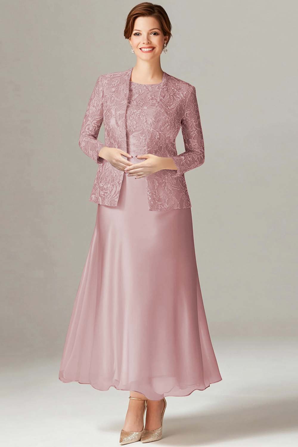 A-Line Boat Neck Dusty Sage 2-Piece Mother of the Bride Dress - VNBITS