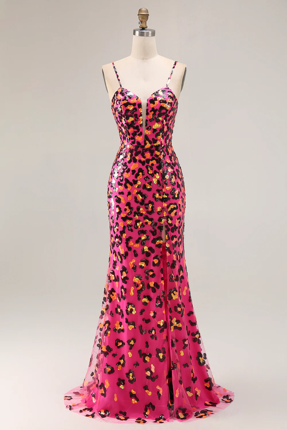 Sparkly Fuchsia Leopard Mermaid Long Prom Dress with Slit - VNBITS