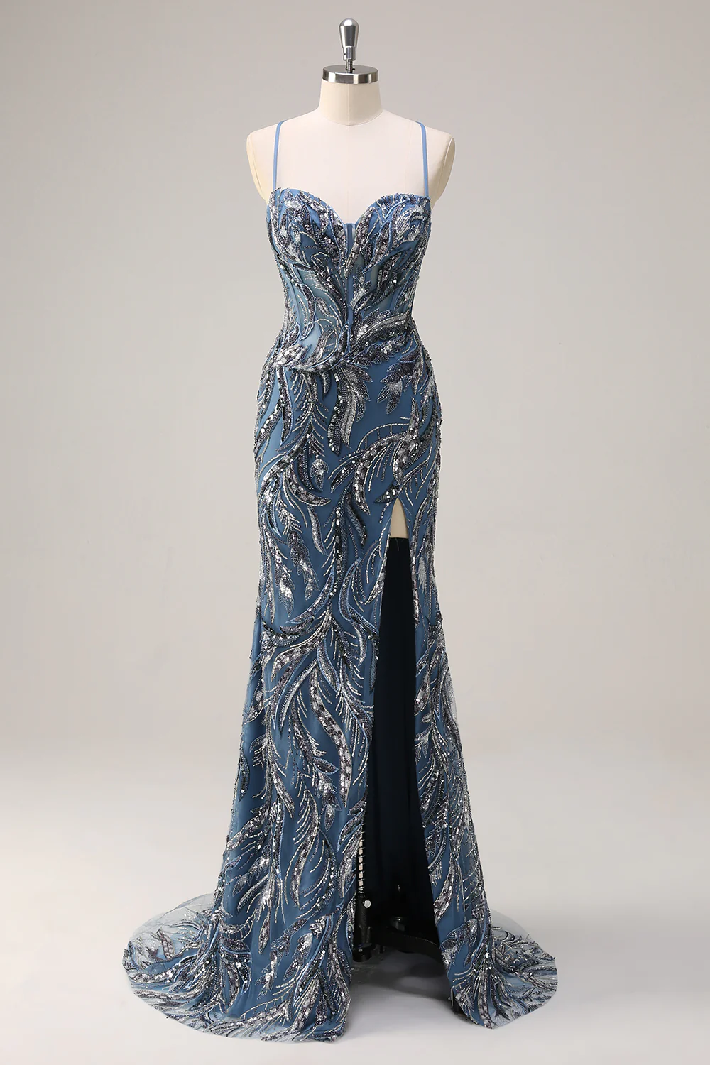 Sparkly Sage Mermaid Sequined Beaded Spaghetti Straps Long Prom Dress - VNBITS
