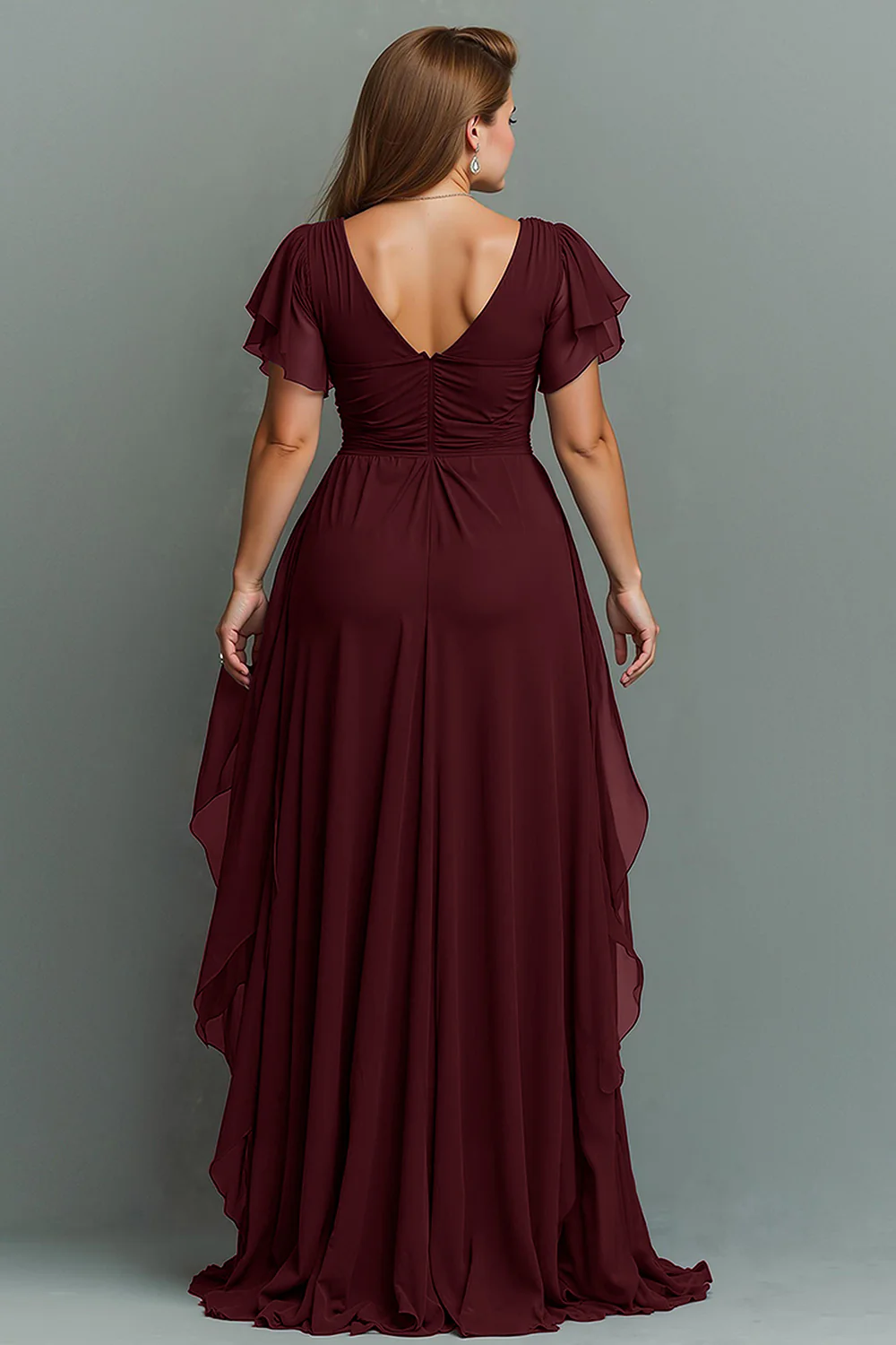 Navy Chiffon V-Neck Ruched Long  with Ruffles - VNBITS