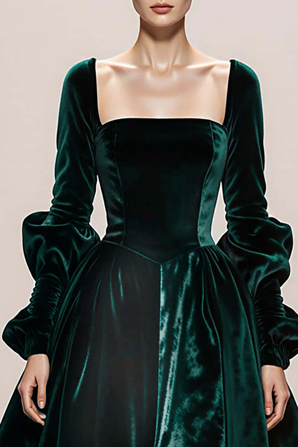 Dark Green Velvet Ball Gown Square Neck Long Holiday Party Dress - VNBITS
