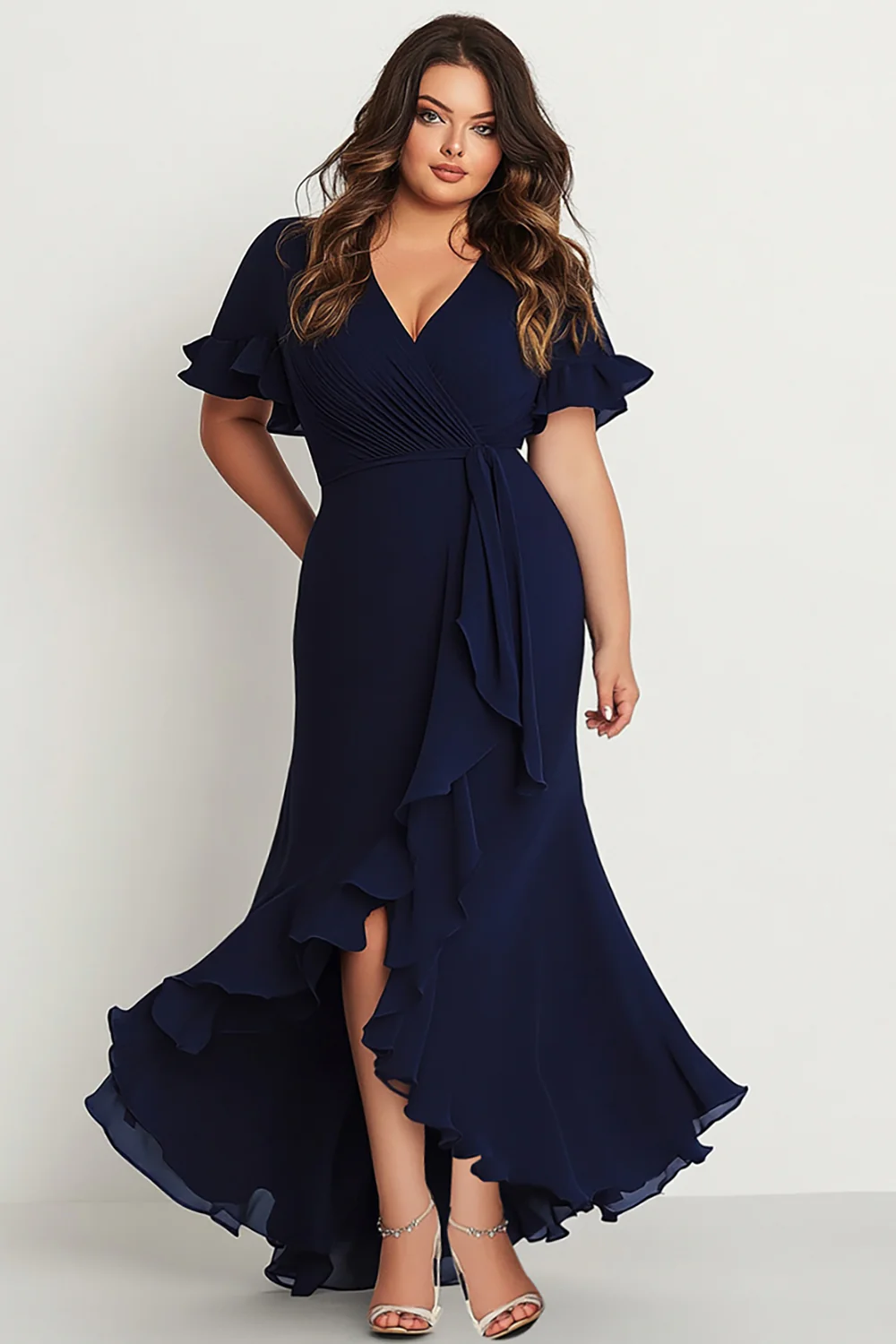 Navy Short Sleeves V-Neck Long Plus Size Formal Dress - VNBITS