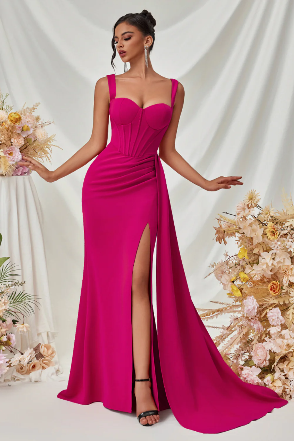 Simple Black Mermaid Long Prom Dress with Side Cape - VNBITS