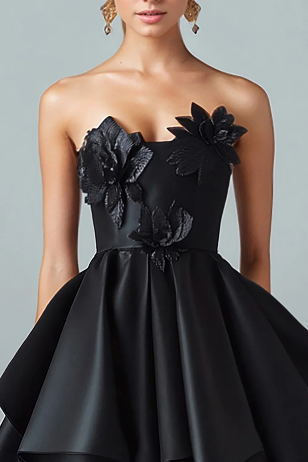 Black A-Line Strapless Ruffled Satin High-Low Formal Dress with 3D Flowers - VNBITS