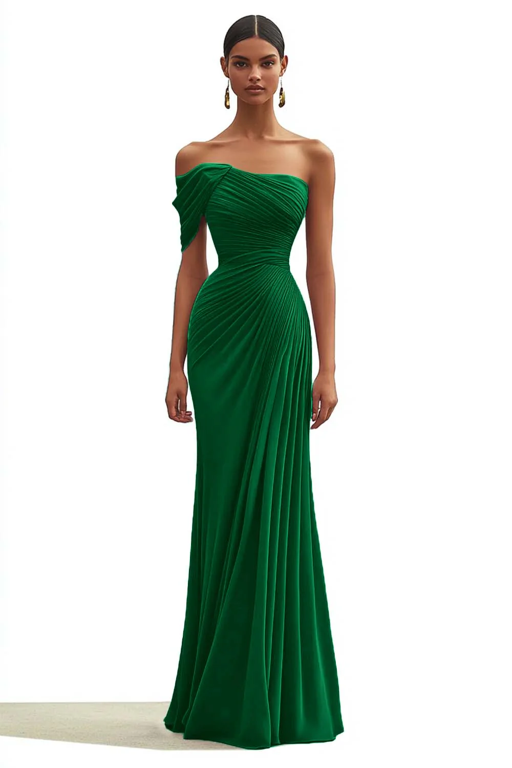 Mermaid Dusty Sage One Shoulder Long Formal Dress with Pleated - VNBITS