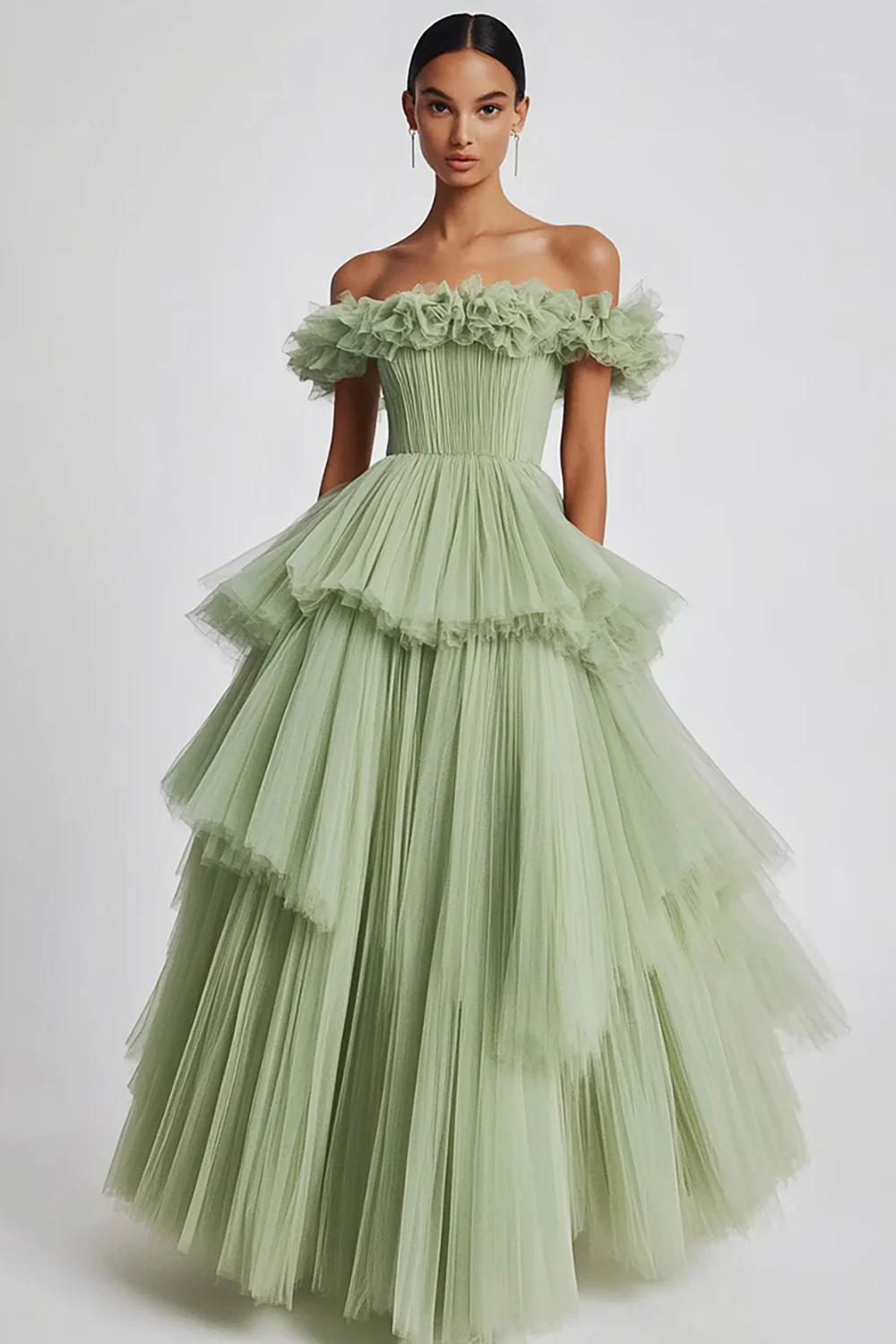 Dusty Sage Tulle Off the Shoulder Long Formal Dress with Ruffles - VNBITS