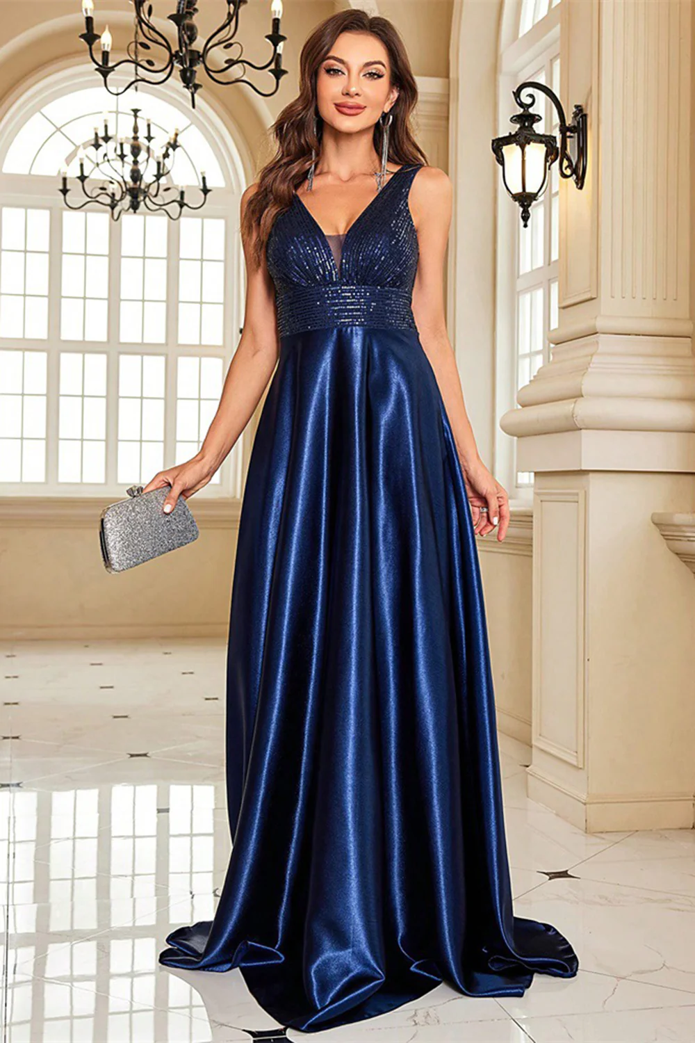 Sparkly Navy A Line Satin V-Neck Long Prom Dress with Beading - VNBITS