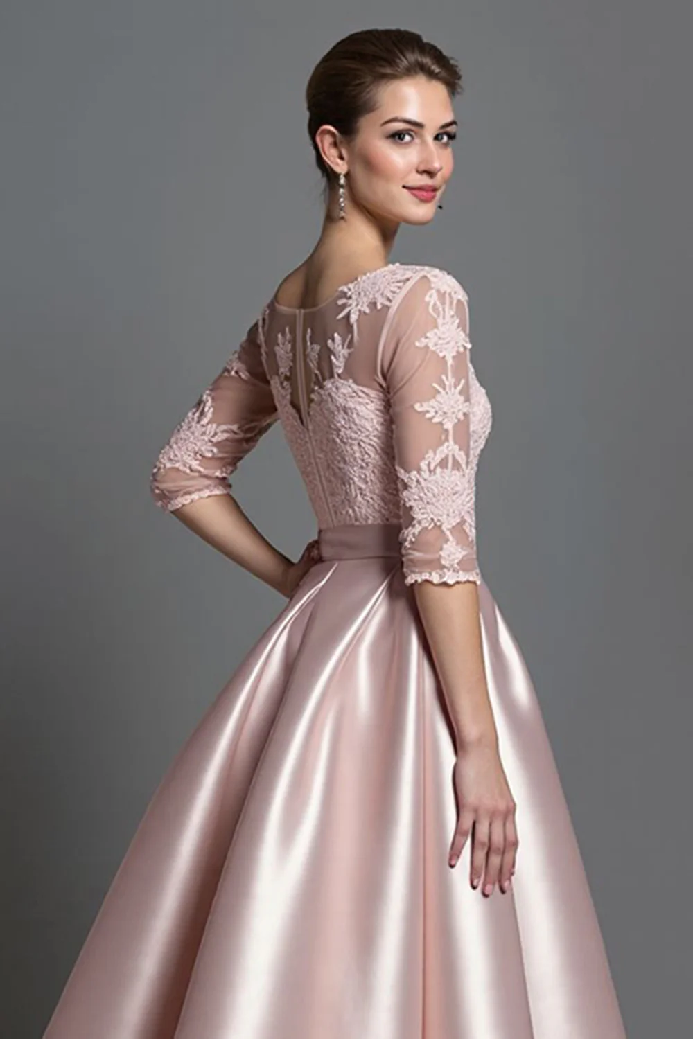 Apricot Satin A Line Long Mother of the Bride Dress with Lace - VNBITS