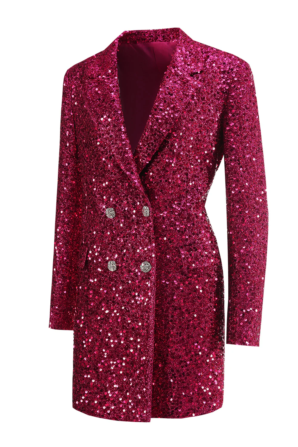 Sparkly Fuchsia Notched Lapel Women's Long Blazer - VNBITS