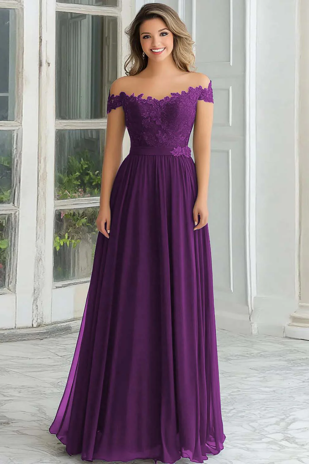 Elegant A-Line Navy Off the Shoulder Chiffon Long Mother Of the Bride Dress with Lace Appliques - VNBITS