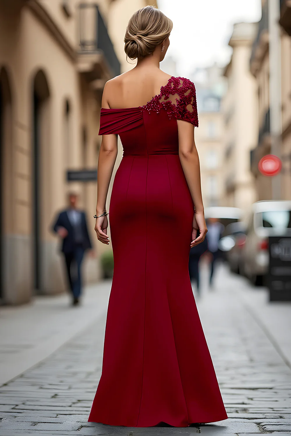 Black One Shoulder Sheath Long Mother of the Bride Dress with Appliques - VNBITS