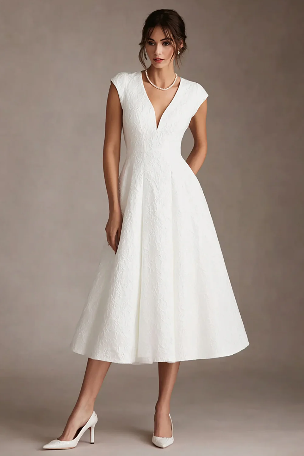 Simple White V-Neck A Line Midi Wedding Reception Dress - VNBITS