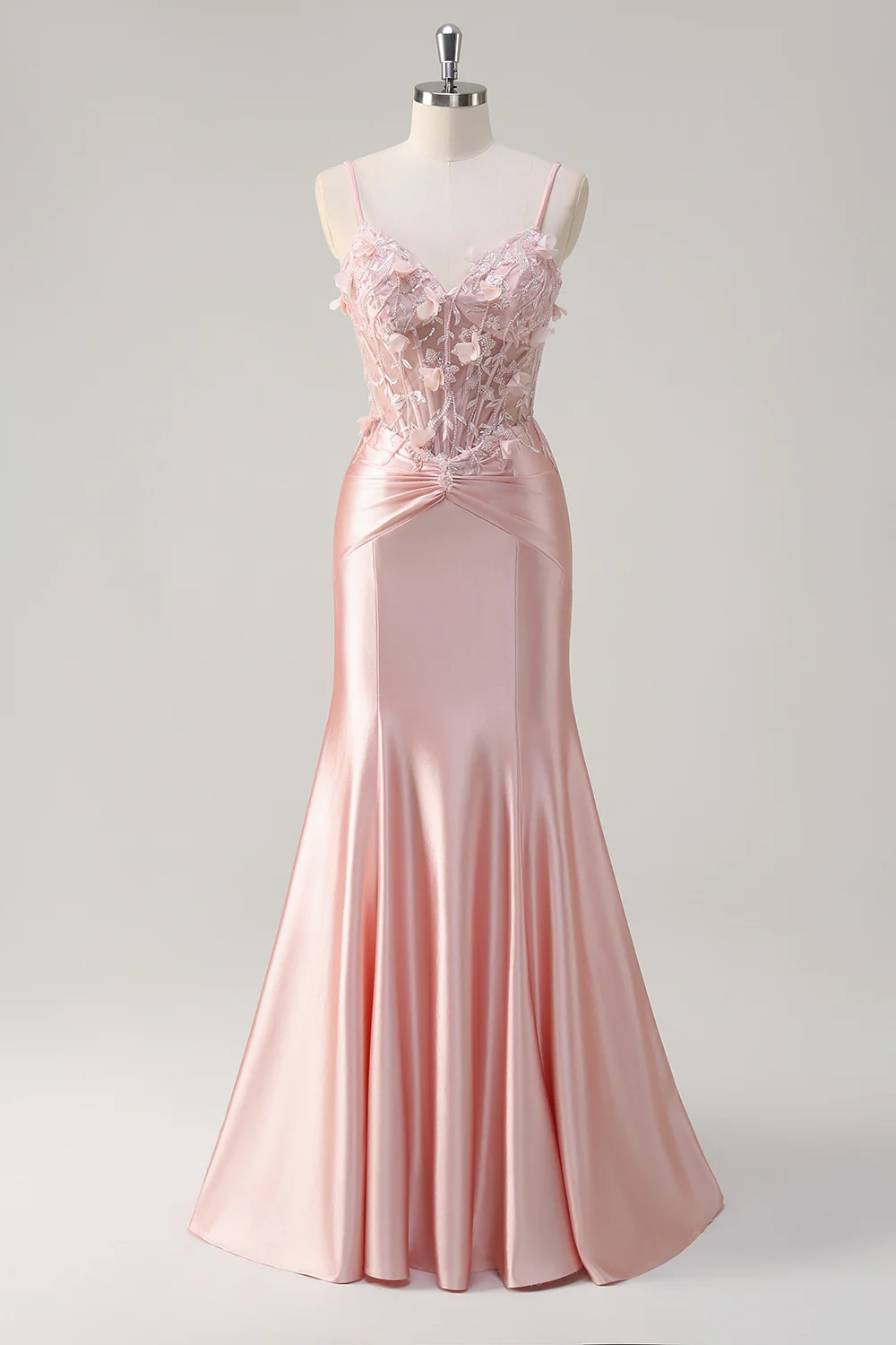 Pink Floral Mermaid Spaghetti Straps Beaded Long Prom Dress - VNBITS
