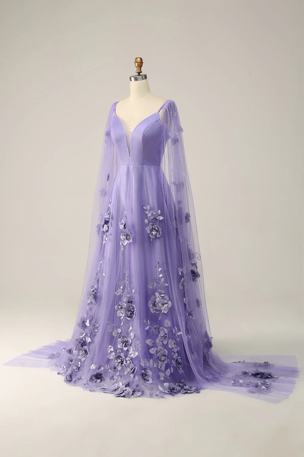 Purple Watteau Train Prom Dress With 3D Flowers - VNBITS