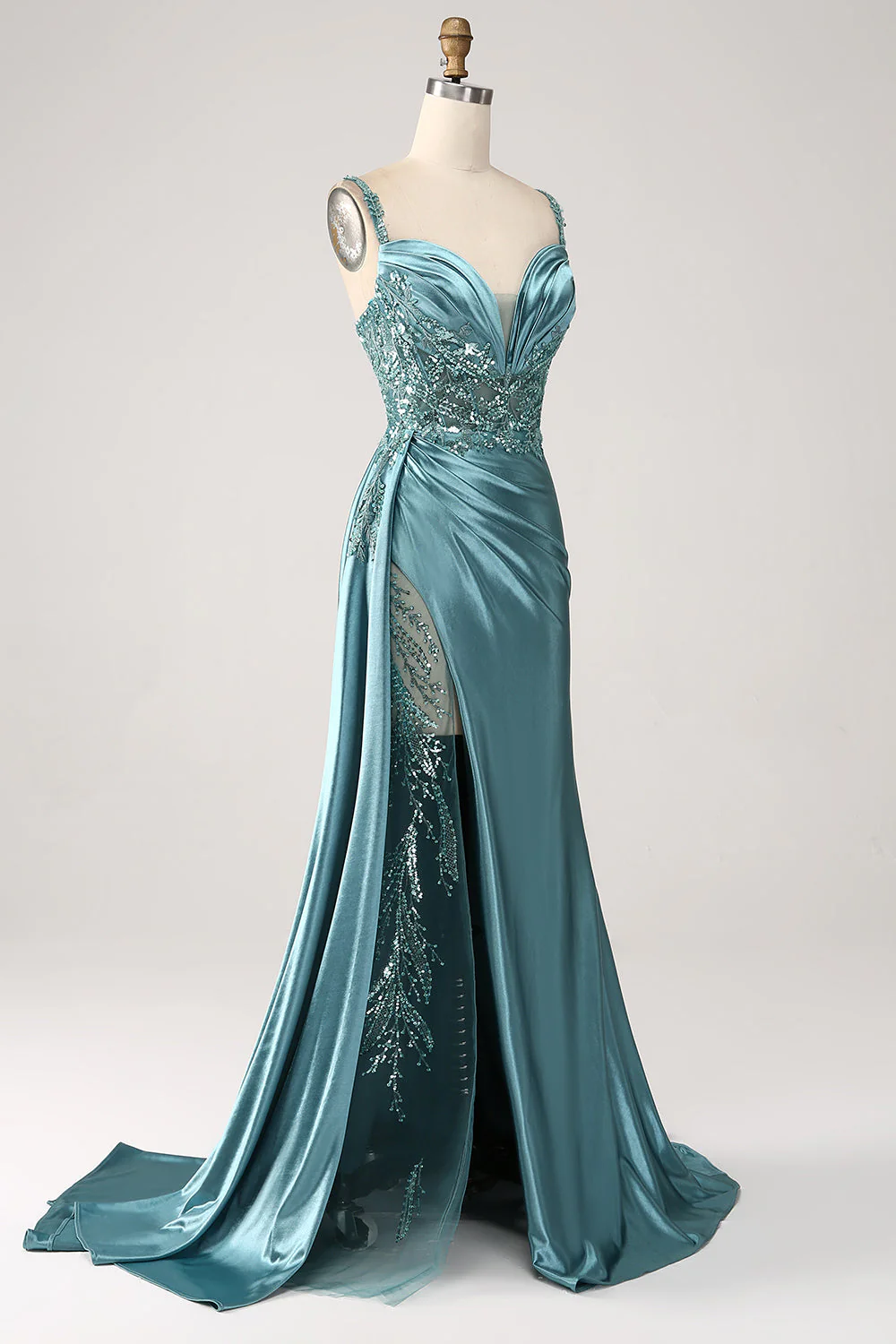 Blue Mermaid V-Neck Satin Long Appliques Sequin Prom Dress With Slit - VNBITS