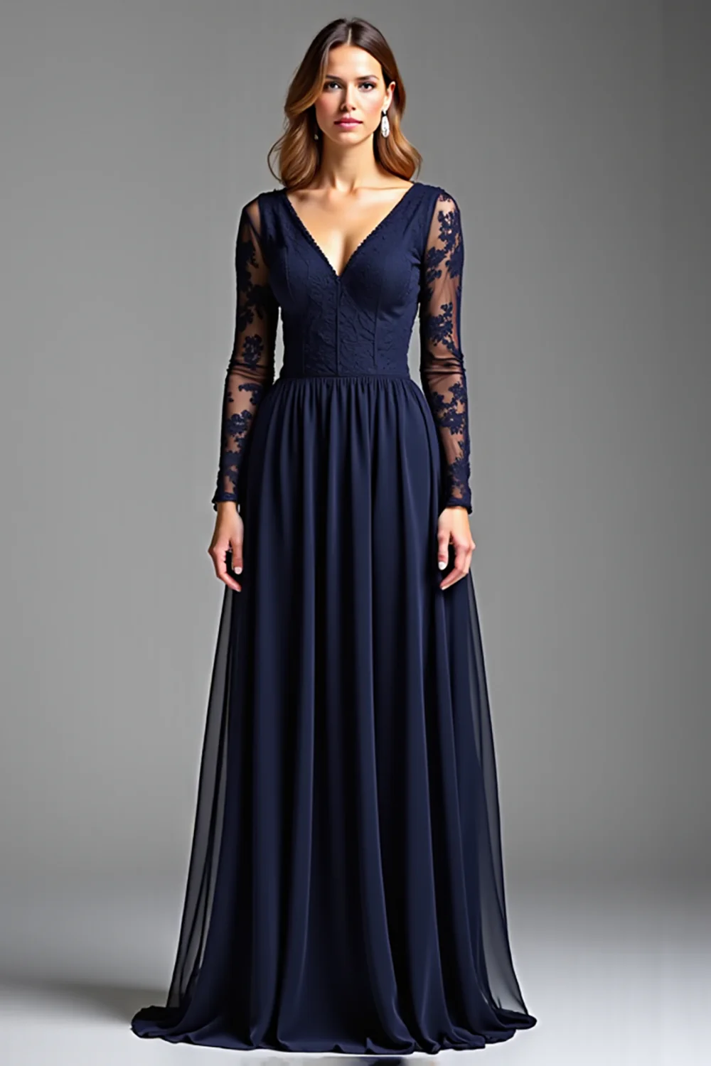 A Line Navy Chiffon Long Formal Dress with Sleeves - VNBITS