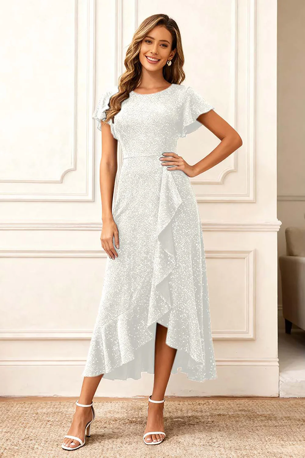 Black Round Neck Midi Glitter Holiday Party Dress with Sleeves - VNBITS