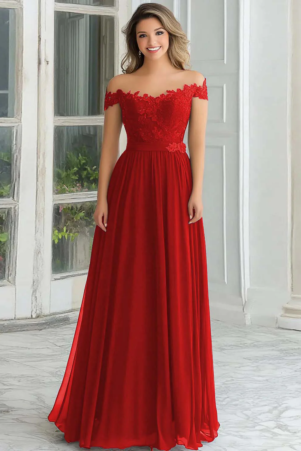 Elegant A-Line Navy Off the Shoulder Chiffon Long Mother Of the Bride Dress with Lace Appliques - VNBITS