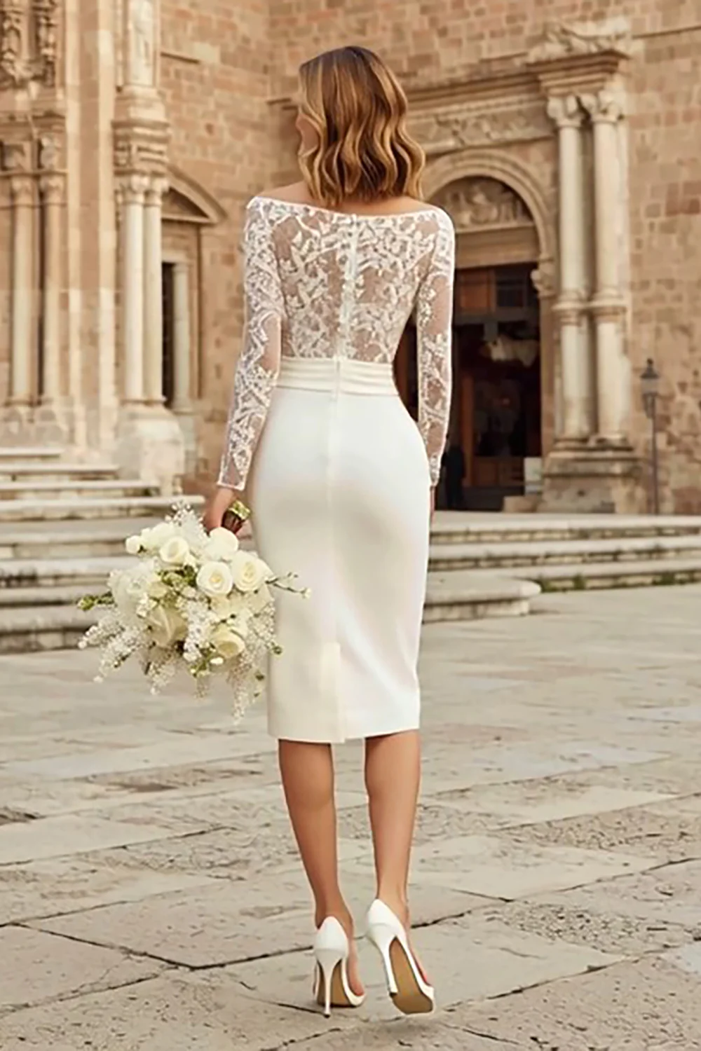 Ivory Bateau Neck Bodycon Midi Wedding Dress with Sleeves - VNBITS